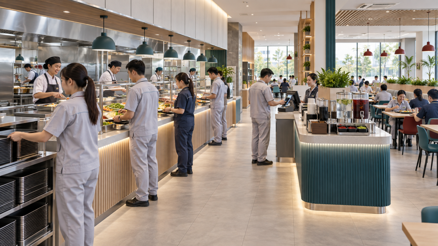 โรงอาหารโรงงานทันสมัย มีจุดชำระเงิน