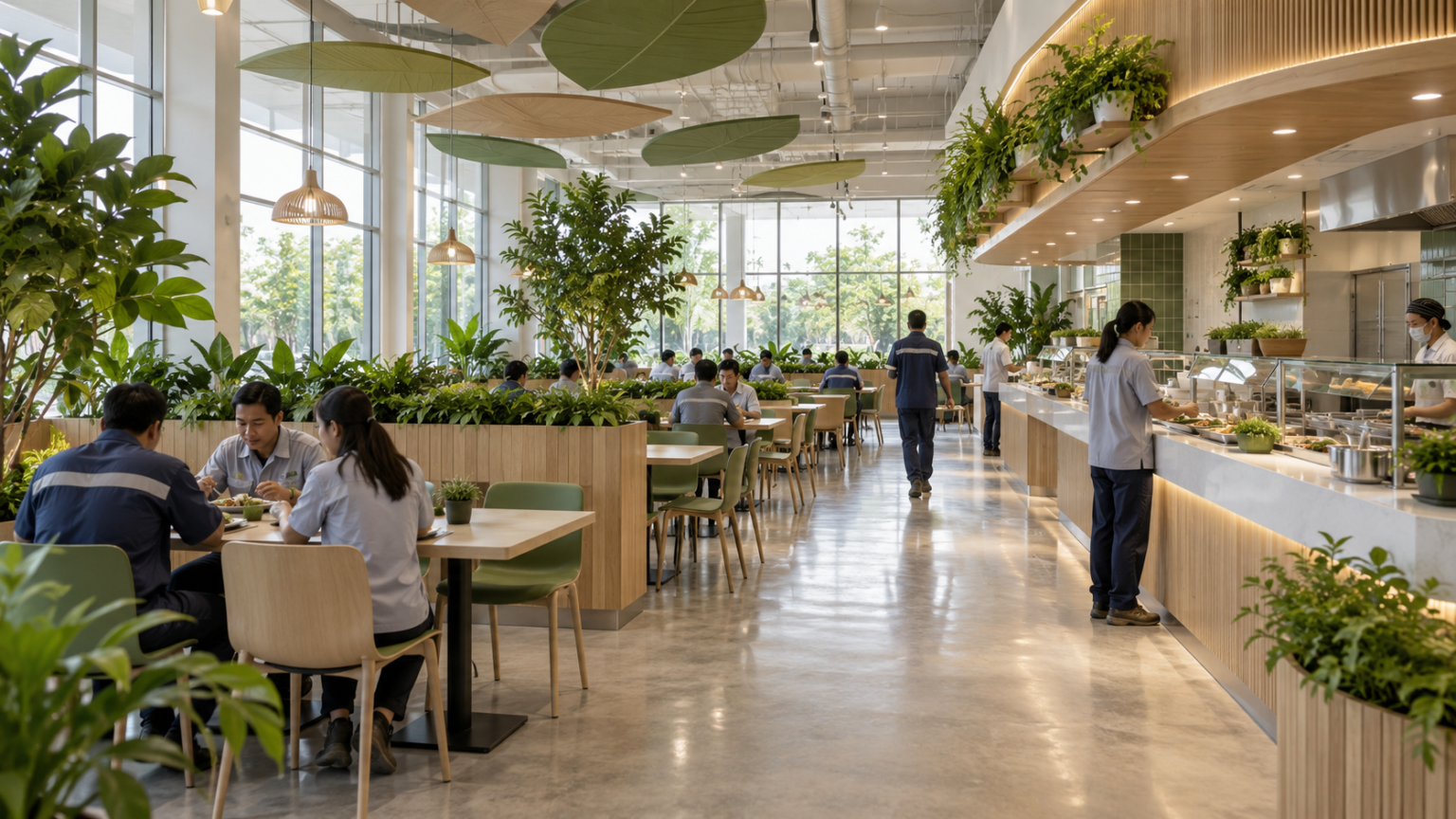 โรงอาหารโรงงานสไตล์ไบโอฟิลิก